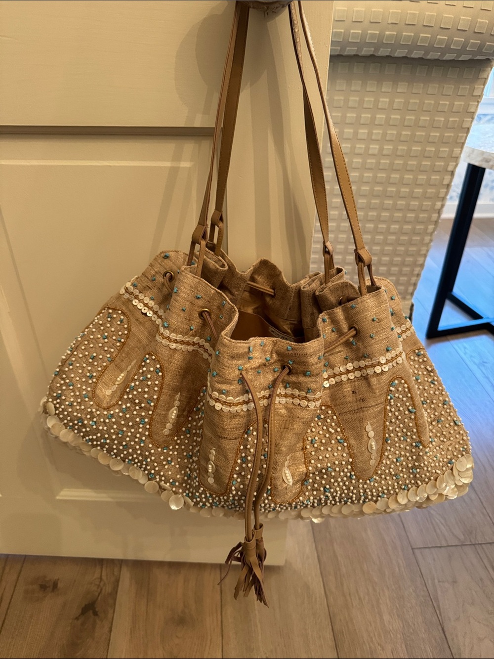 Silk Beaded Summer Drawstring Tote- never used